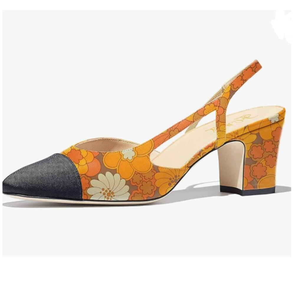 FOWT Orange Flower Pointed Toe Pumps Chunky Heel Slingback Sandal Party Shoes